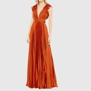 Dark Orange Pleated Ruffled Cap Sleeve Cut Out Lace Up Gown
